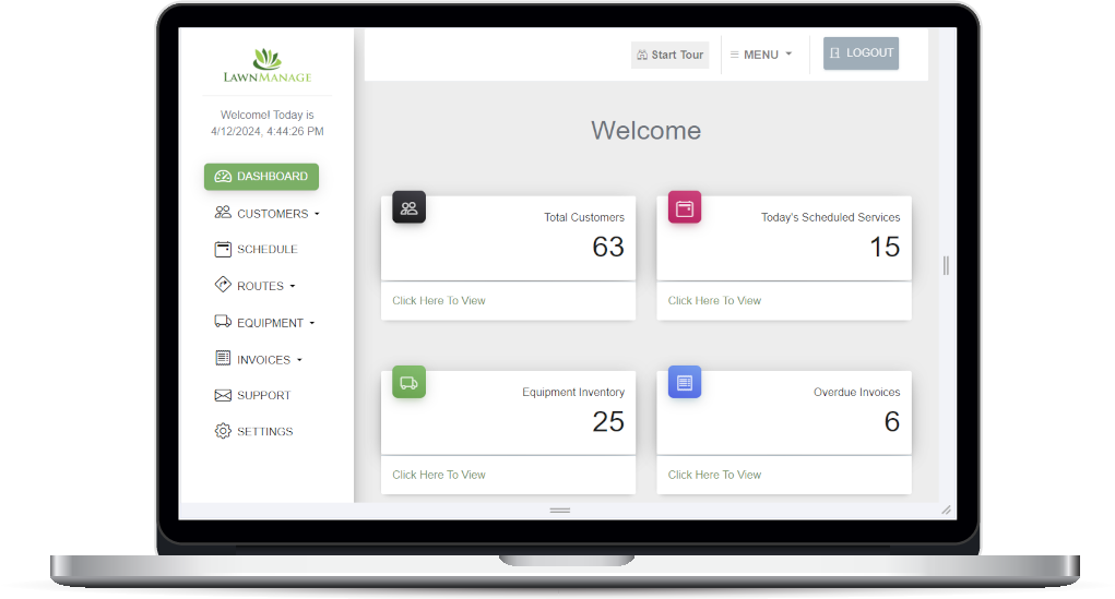 LawnManage screenshot: LawnManage Dashboard - Customer Management, Invoicing, Estimates, Route Optimization, Property Measurement, and more