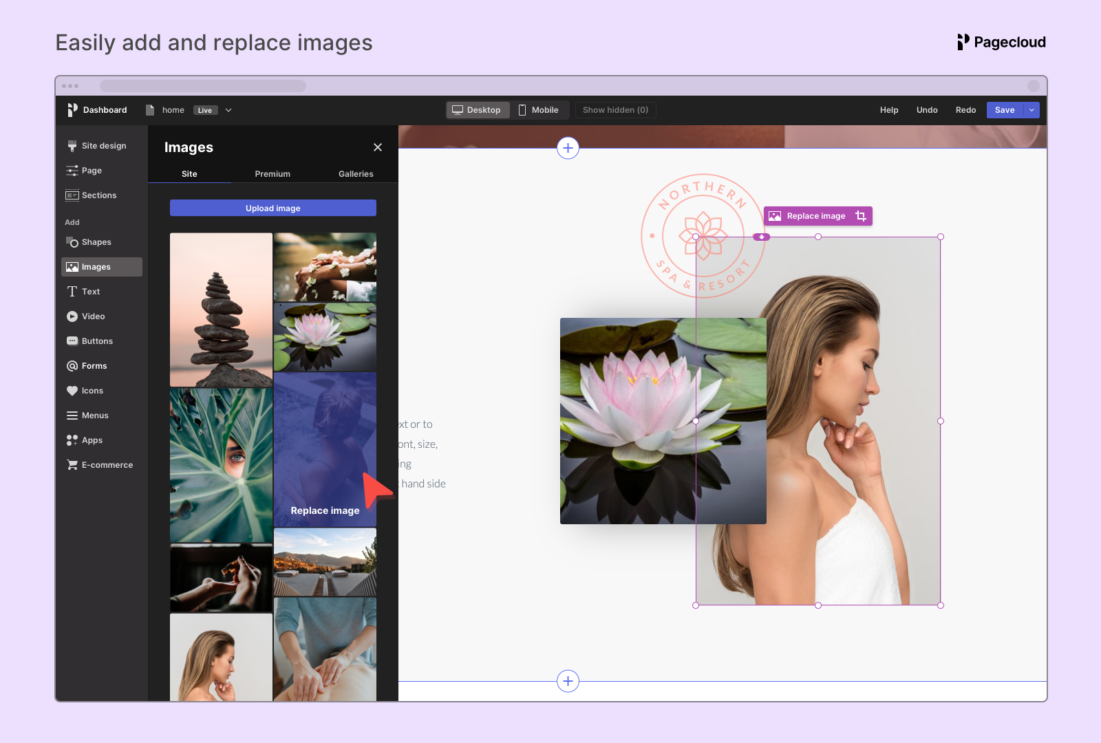 Easily add and replace images on your site. Drag and drop images from your desktop onto your page to add them.
