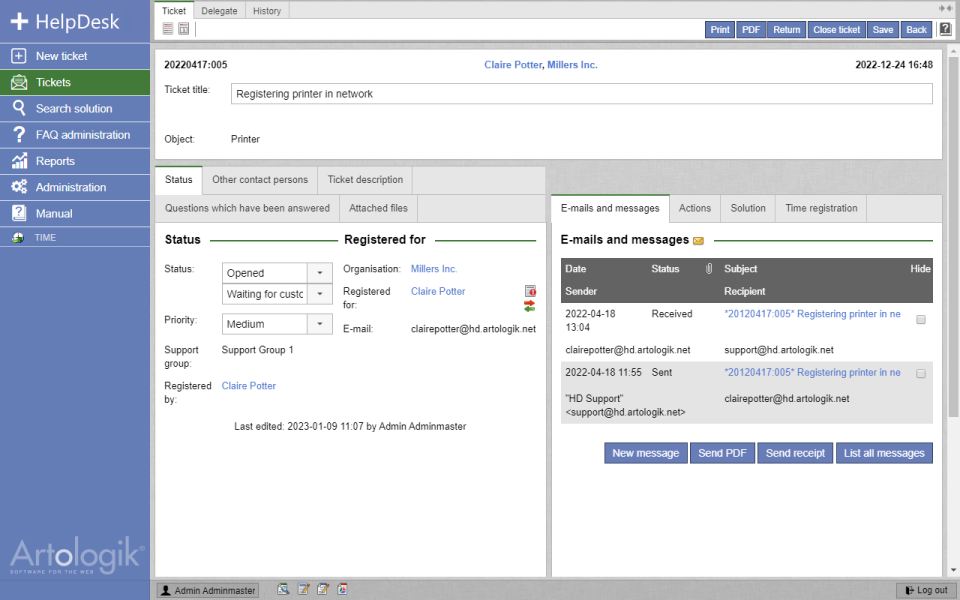 Artologik HelpDesk screenshot: Artologik HelpDesk emails
