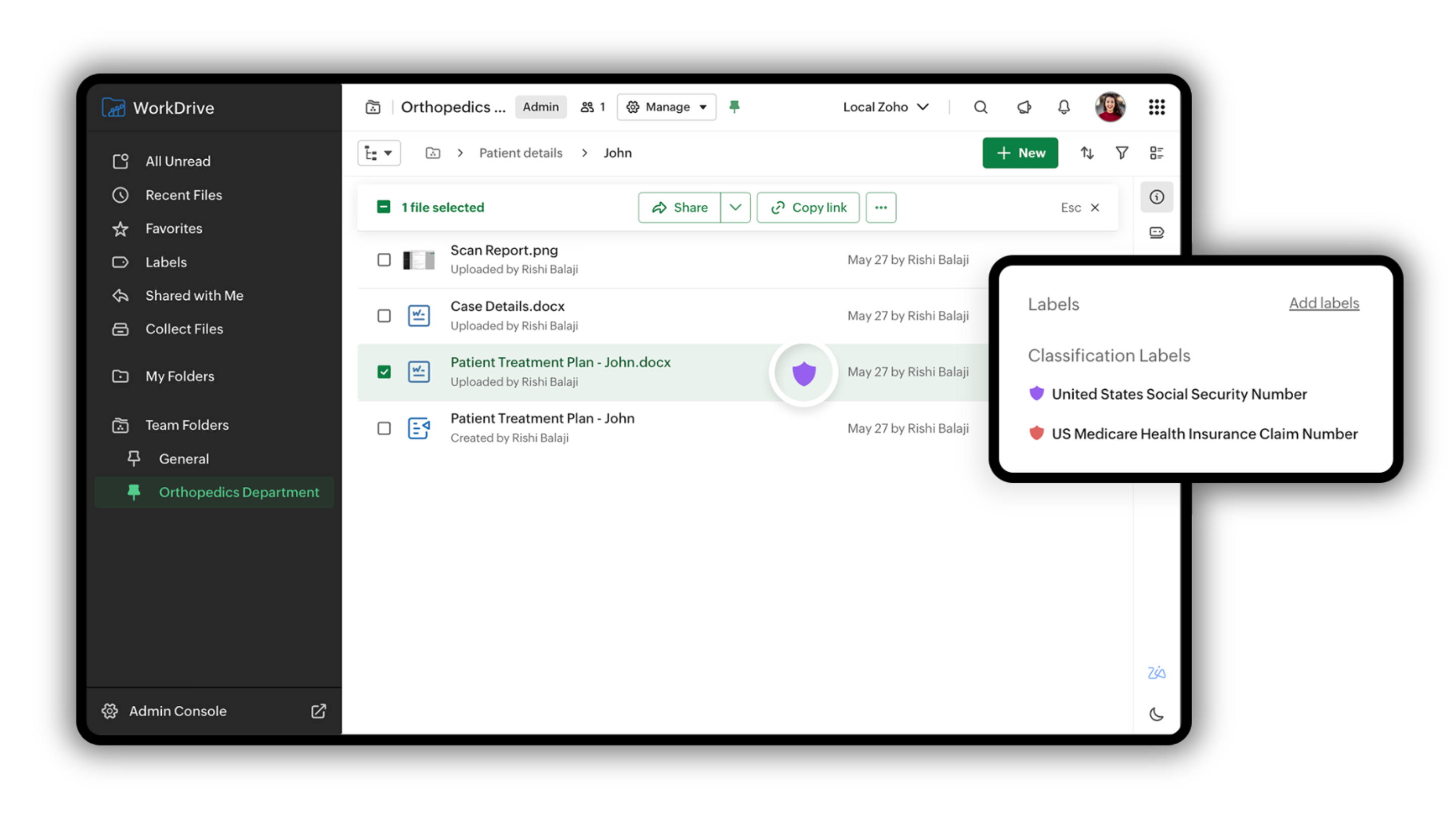 Zoho WorkDrive Software - Auto‑detect and classify PII using 149+ pre‑defined types; block unauthorized sharing, downloads, copies, or printing.