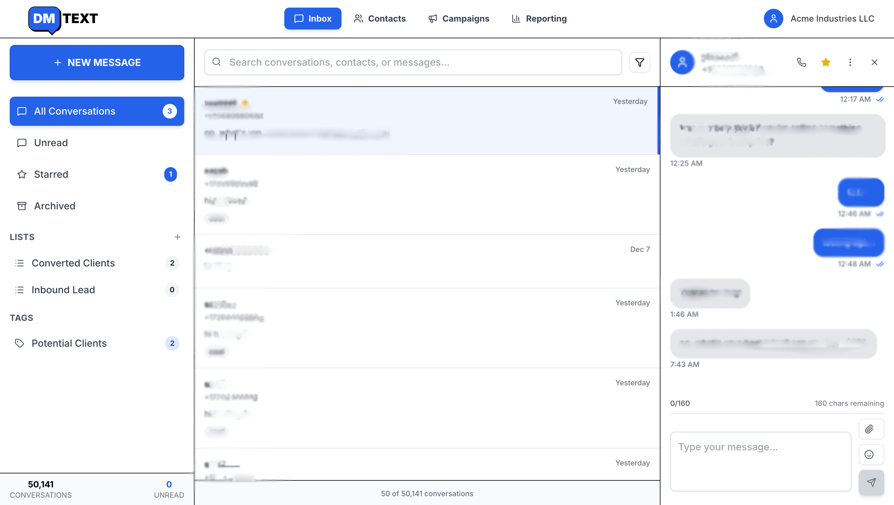 DMText screenshot: DMText inbox