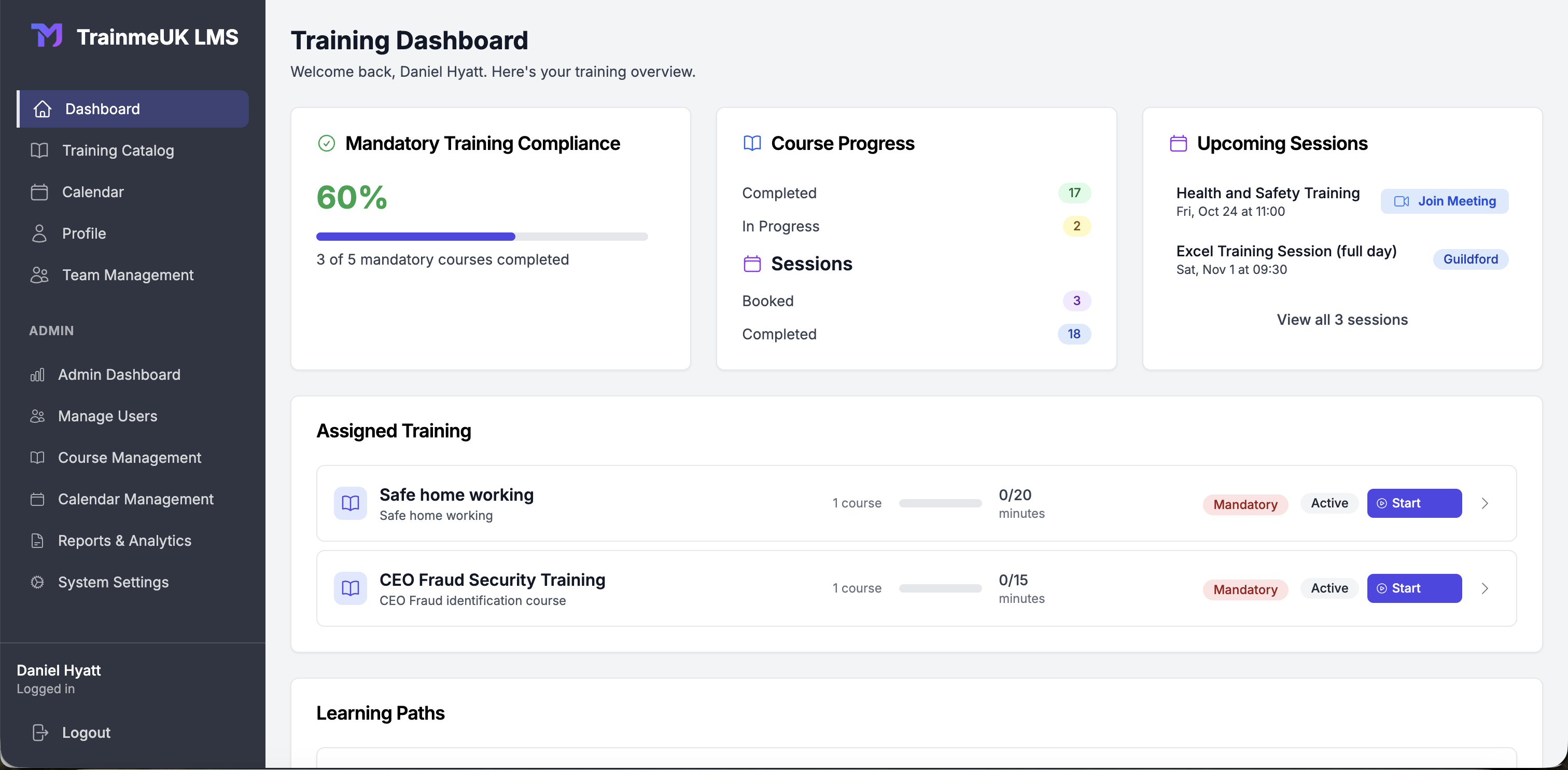 TrainMeUK screenshot: TrainMeUK dashboard