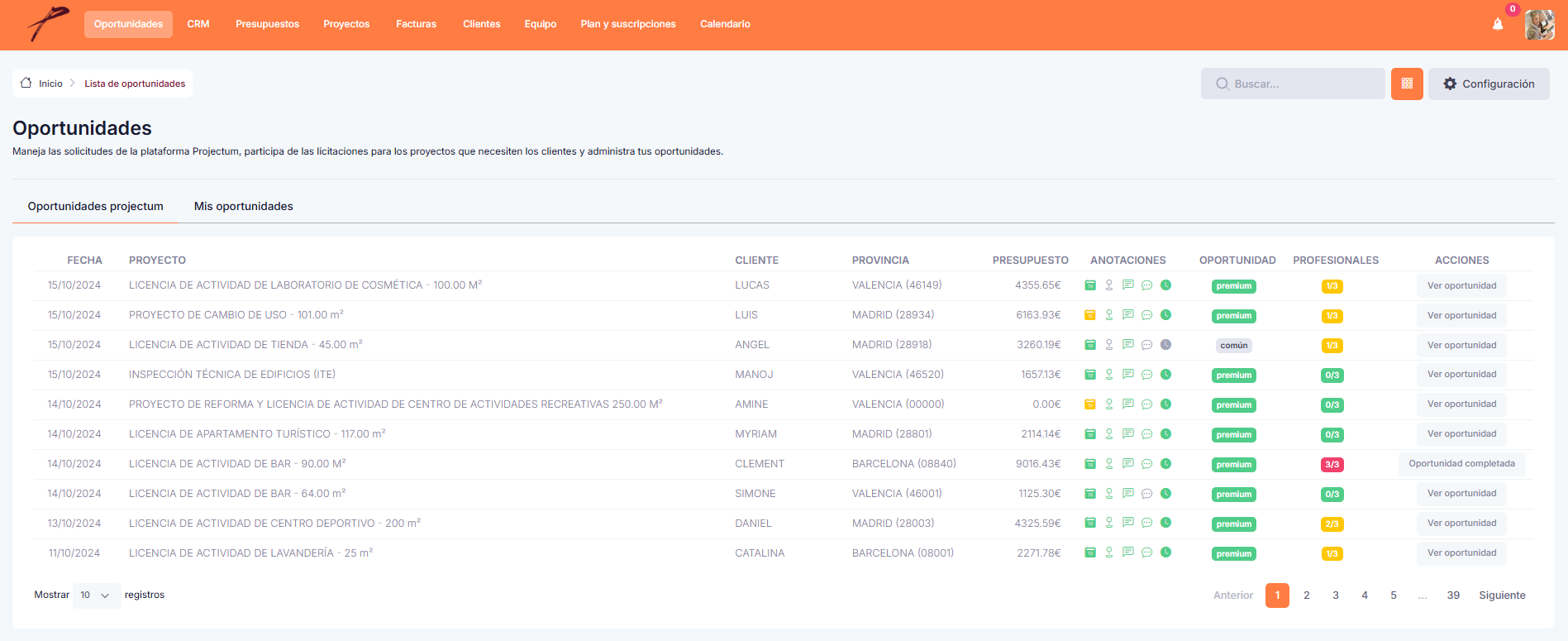 Projectum screenshot: Panel de oportunidades de clientes potenciales generadas por Projectum.es a disposición de los Profesionales.