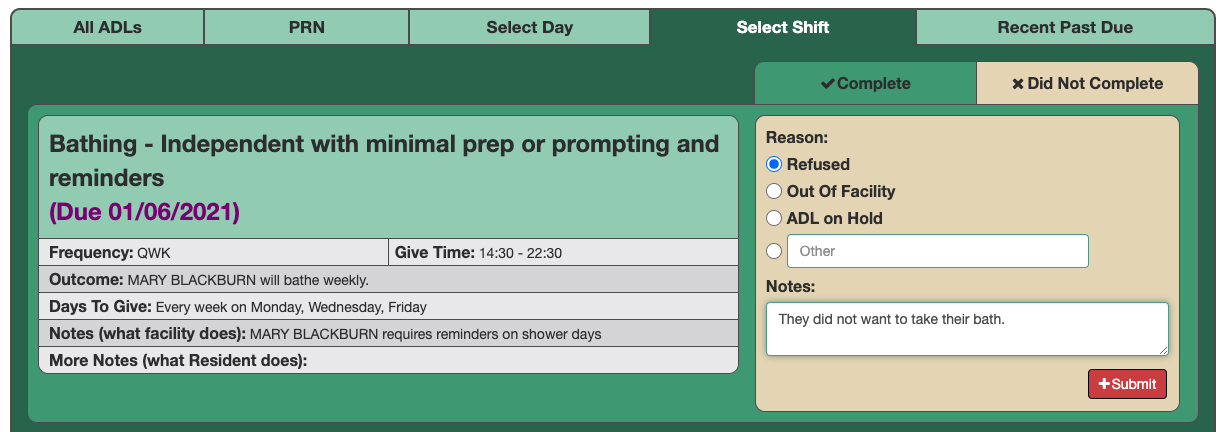 CareRight screenshot: CareRight shift notes