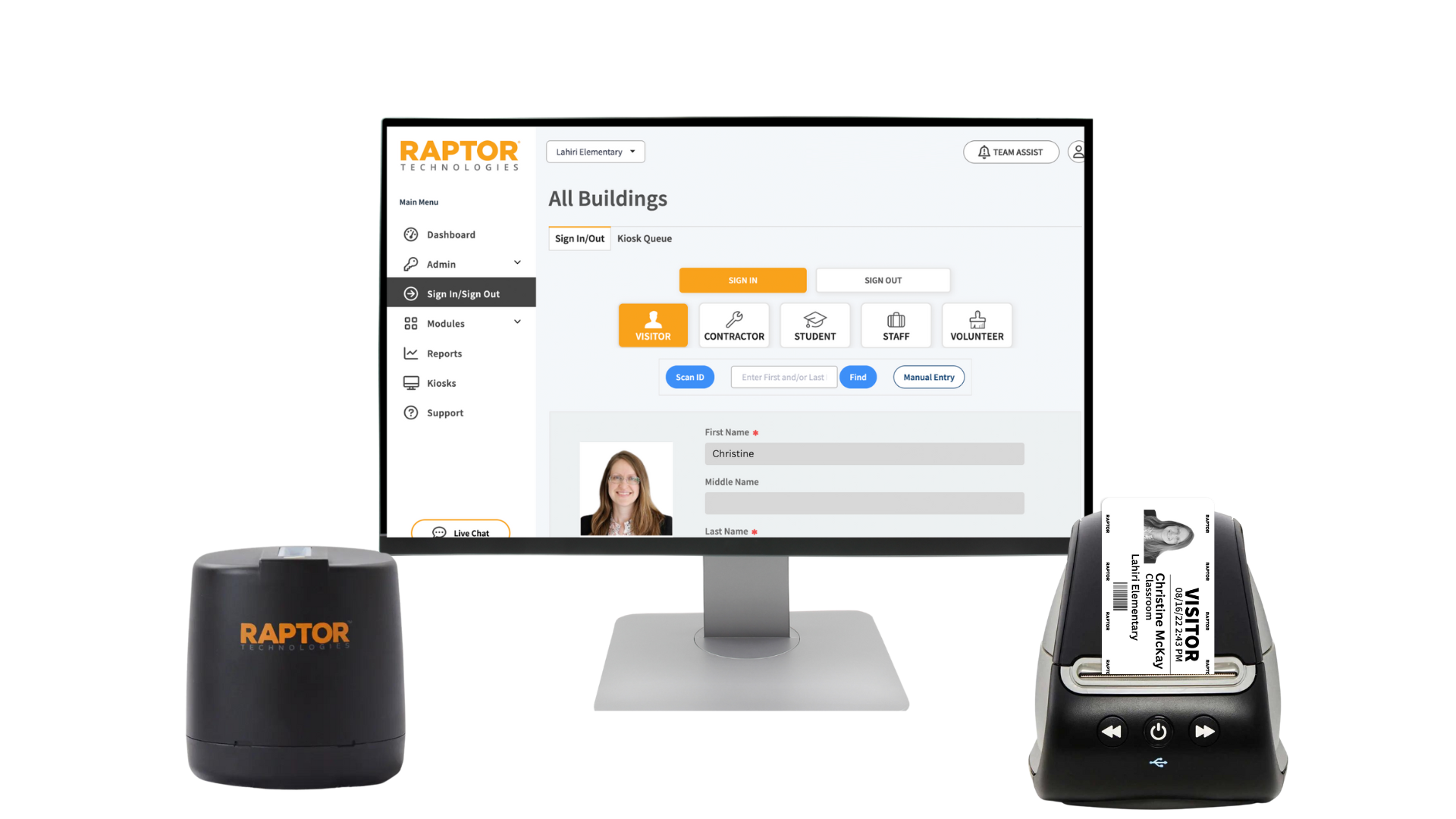 Raptor Visitor Management Software - Have full control of who is allowed to enter your building. The main interface allows schools to quickly sign visitors in, screen their information, and print badges.