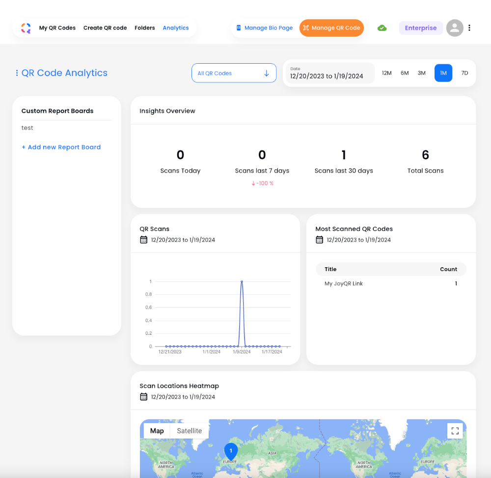 JoyQR Software - QR Code Analytics: Monitor scan data by date, location, and more to gauge campaign effectiveness.