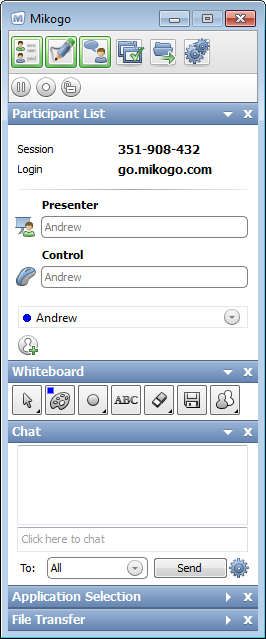 Mikogo Software - The Mikogo interface showing the participant list, whiteboard, chat, application selection and file transfer.