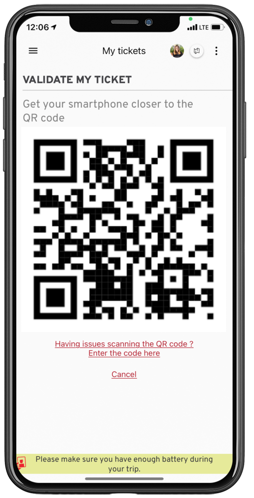 Scanning an external QR code can be a requirement for ticket validation. This helps track usage across various agencies by tying an active ticket to a specific bus without the use of validators.-thumb