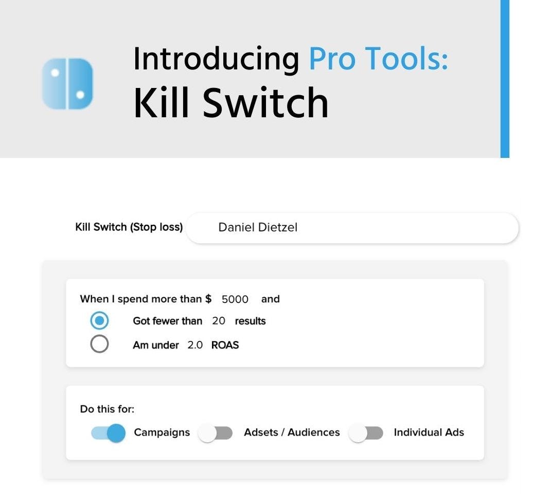 Aphrodite Software - NEW: Ever woken up and realized that Facebook spent all your ad budget? Stop loss with our new Kill Switch, which automatically switches off Facebook ad campaigns that are underperforming.