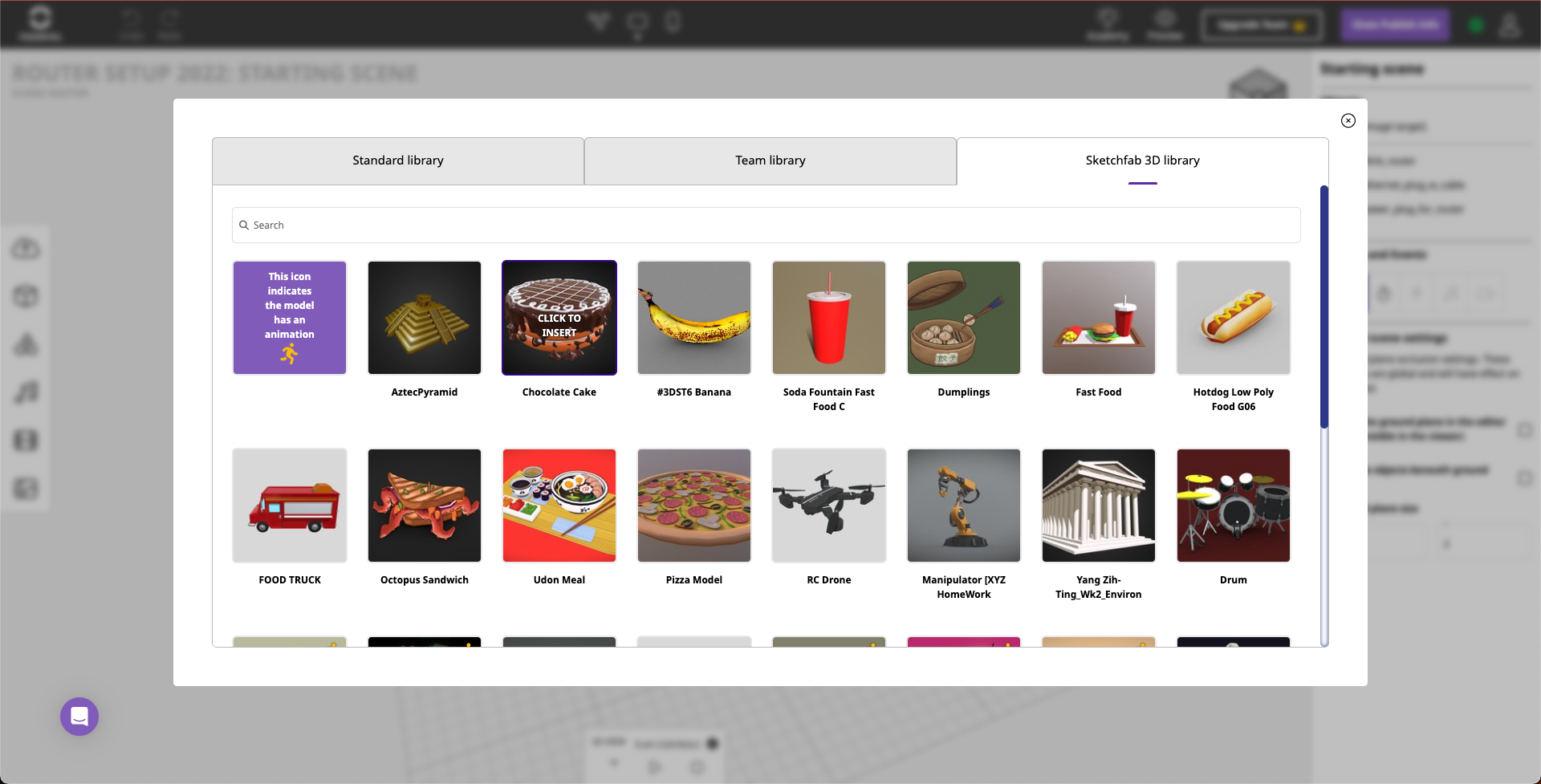 Choose from thousands of free 3D models in the open source Sketchfab library.