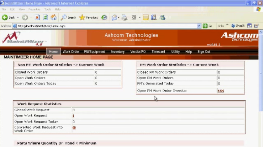 MaintiMizer Software - The MaintiMizer homepage displays work order and work request statistics