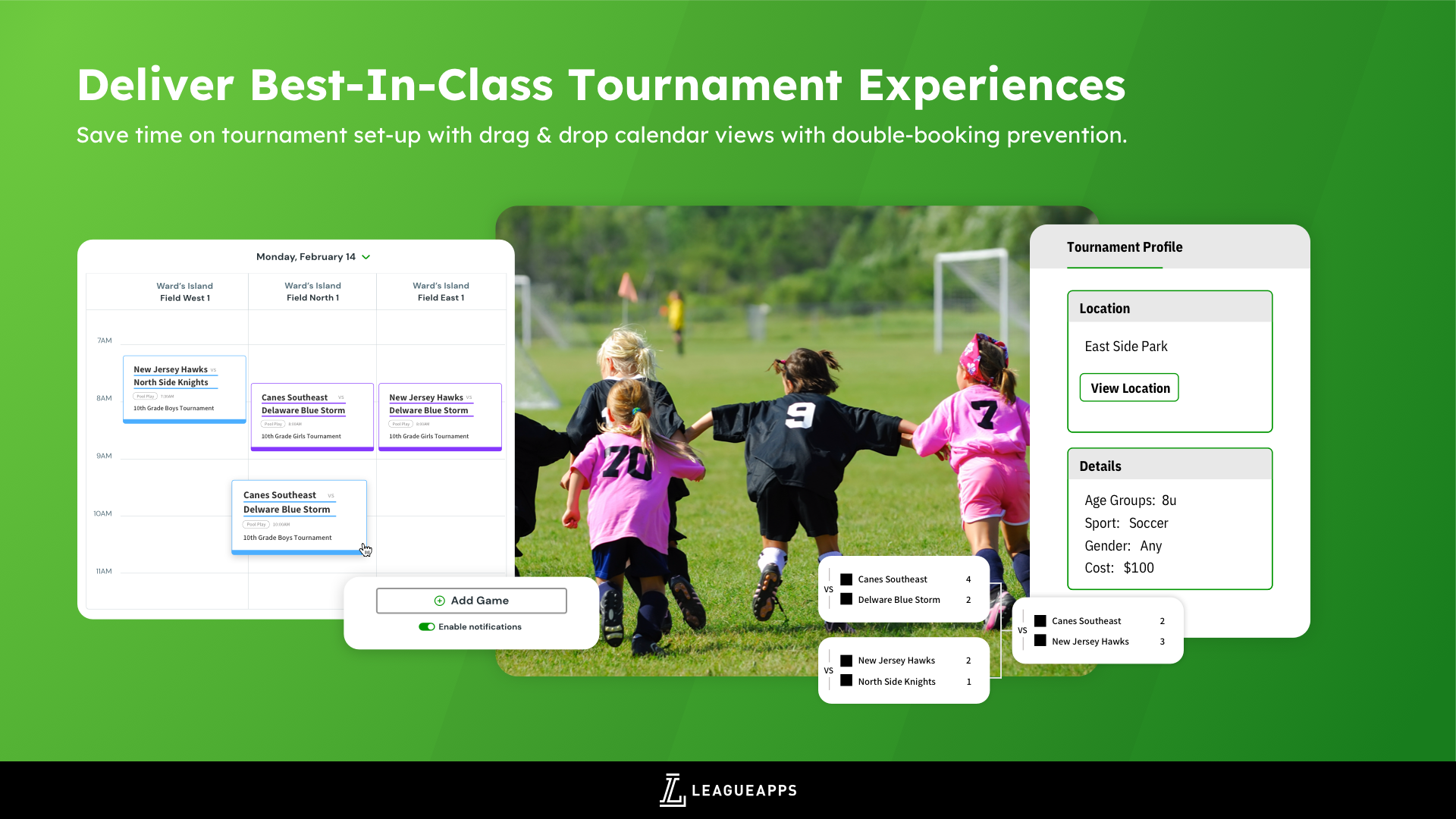 Save time on tournament set-up with drag and drop calendar views and double-booking prevention. 