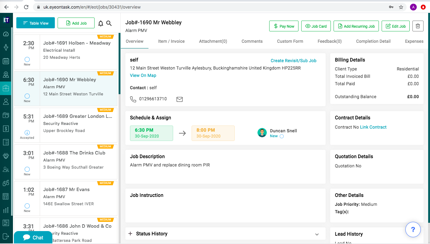 EyeOnTask Software - Job detail including schedule time, assign to and invoice/payment detail