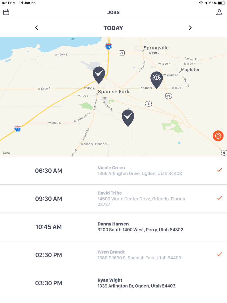 Pocomos Software - Field employees can view their upcoming jobs and send an "En Route" SMS to the customer