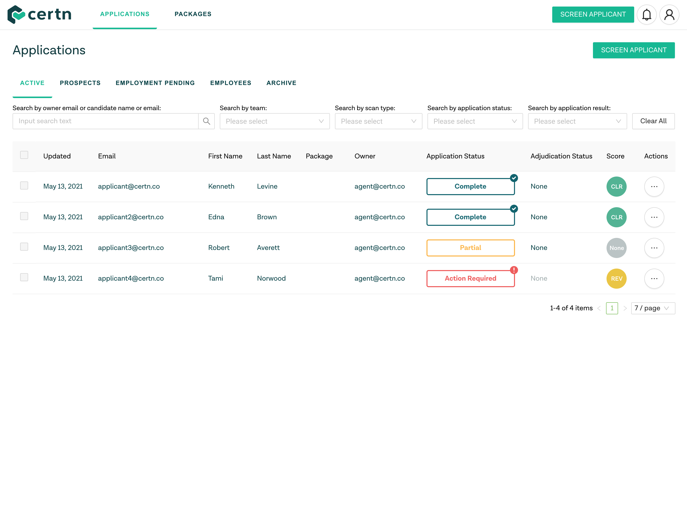 Certn screenshot: Dashboard with a summary of applications with their statuses