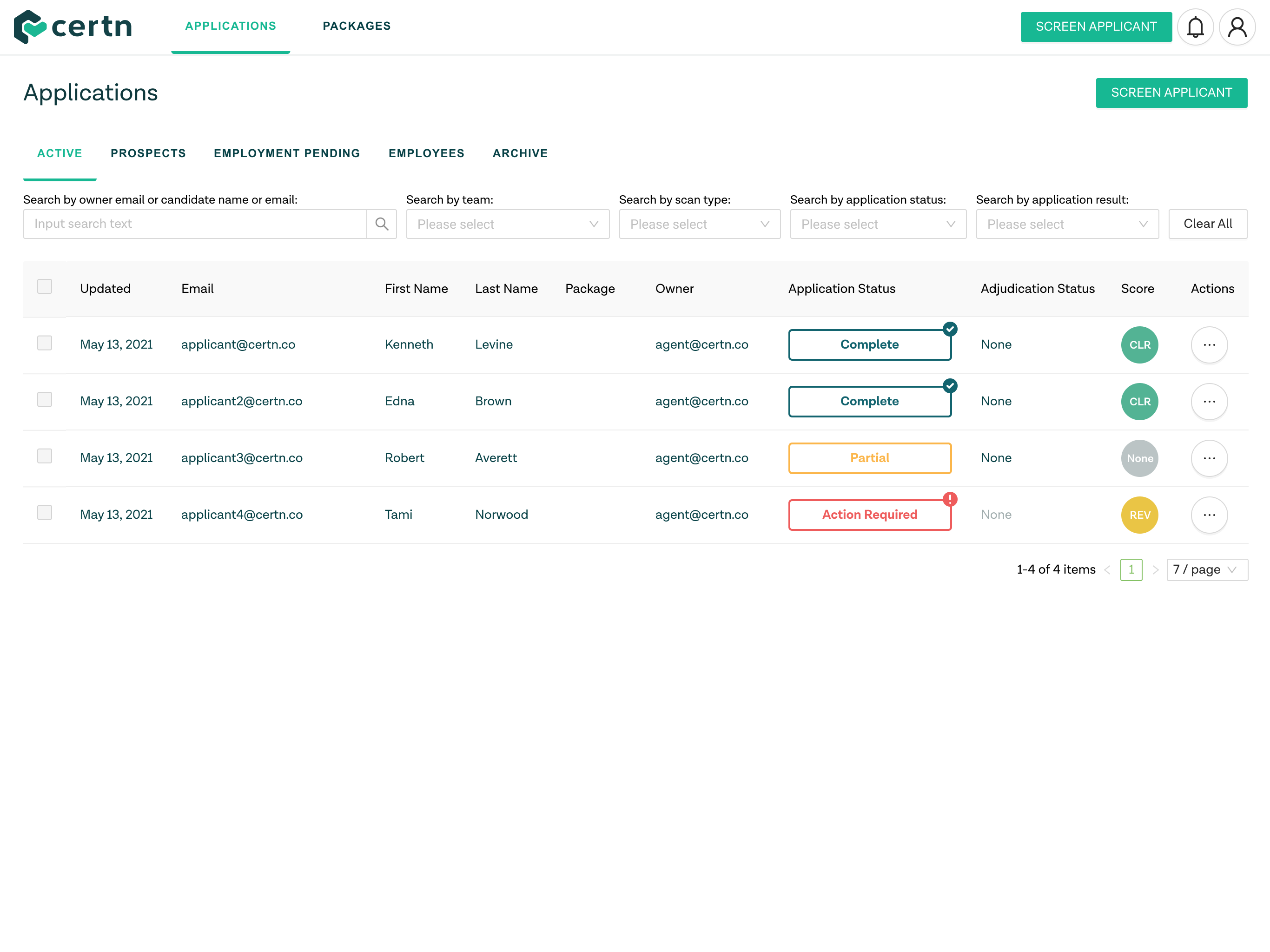 Certn Software - Dashboard with a summary of applications with their statuses