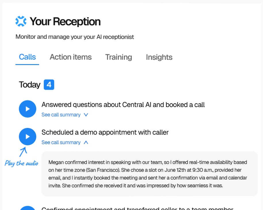 Central screenshot: Central receptionist answers incoming calls