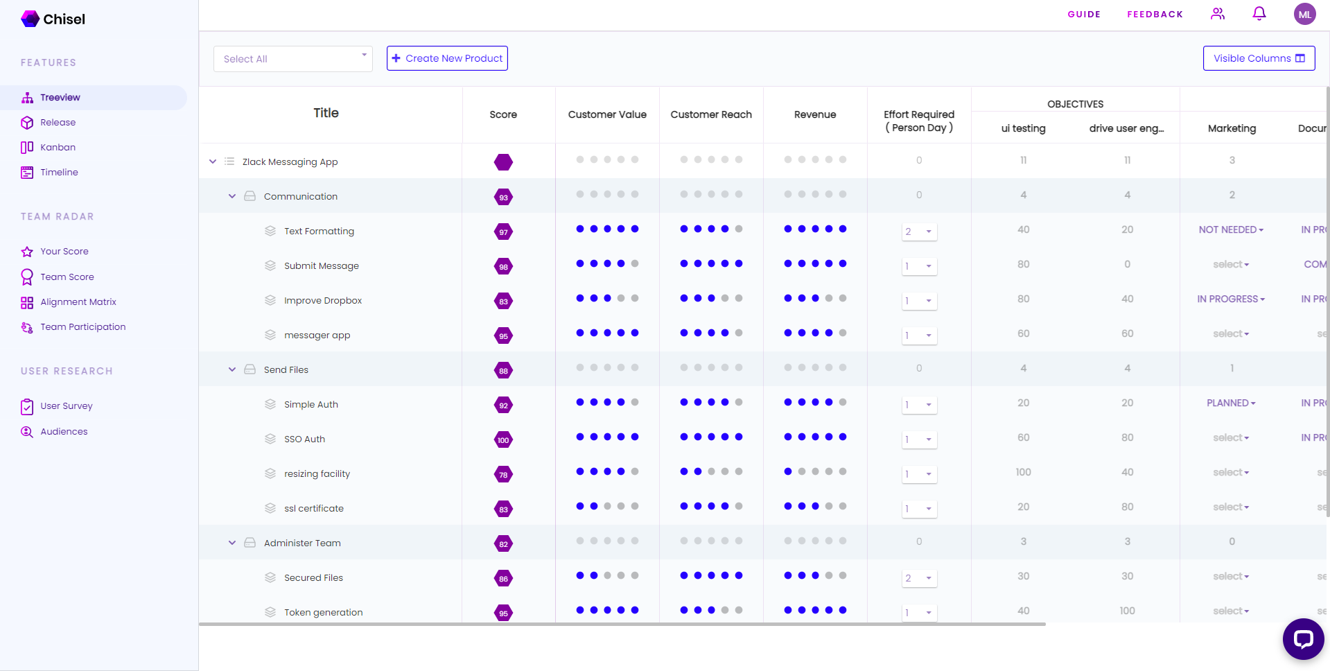 Chisel screenshot: Treeview of our roadmap. Customer reach, customer value, and revenue are driver values set by the Product owner