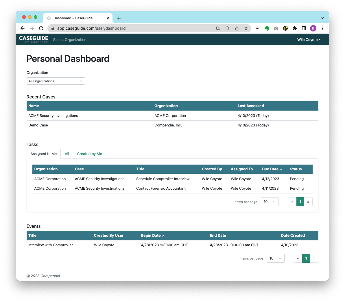 CaseGuide screenshot: Personal Dashboard