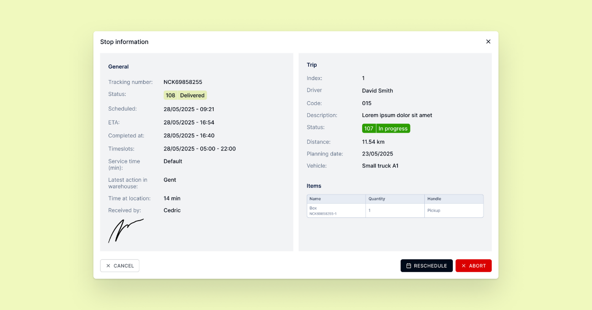 Dropon Software - Delivery stop details screen showing tracking info, status, schedule, ETA, driver, location time, signature POD, and item info, with options to reschedule or abort.