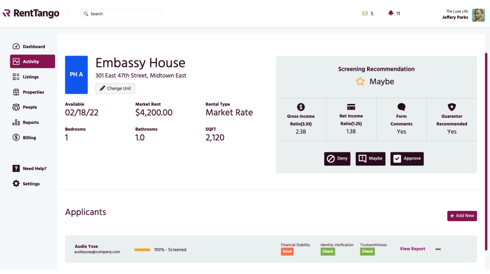 RentTango screenshot: RentTango activity insights
