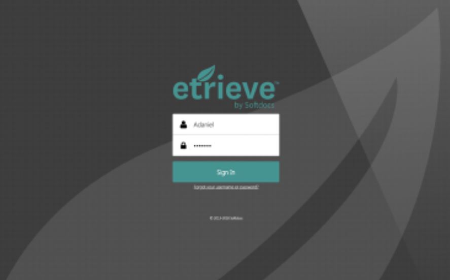 Etrieve screenshot: Etrieve login