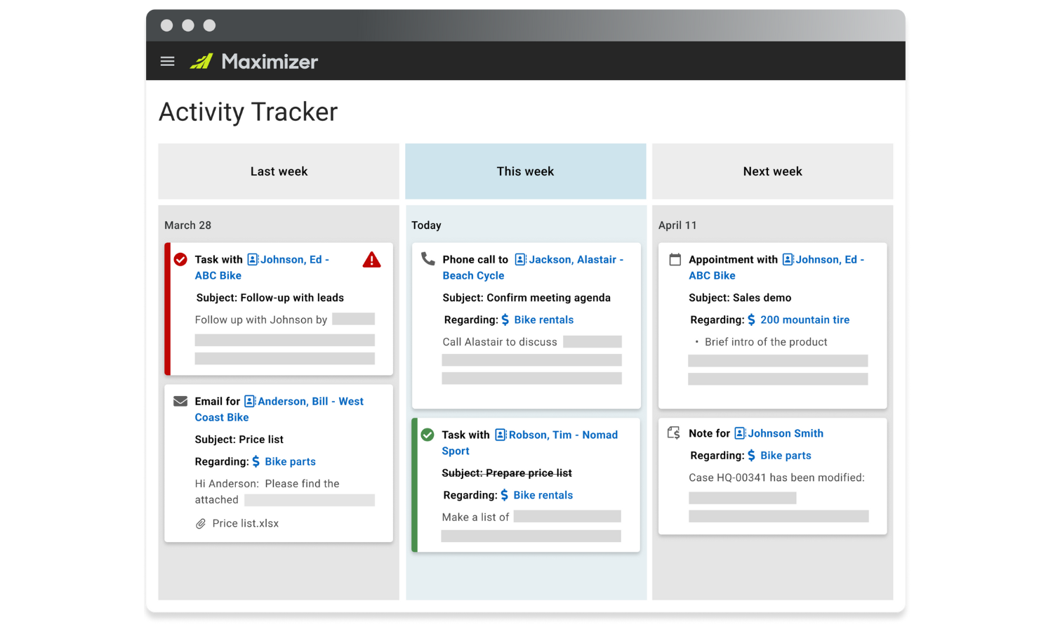 Maximizer CRM Software - Activity Tracker enables Sales Leaders to see a real-time list of their company's communication activities.