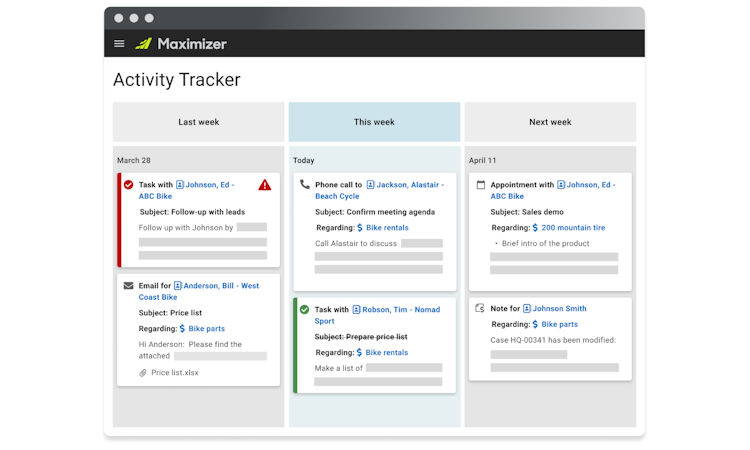 Maximizer CRM screenshot: Activity Tracker enables Sales Leaders to see a real-time list of their company's communication activities.