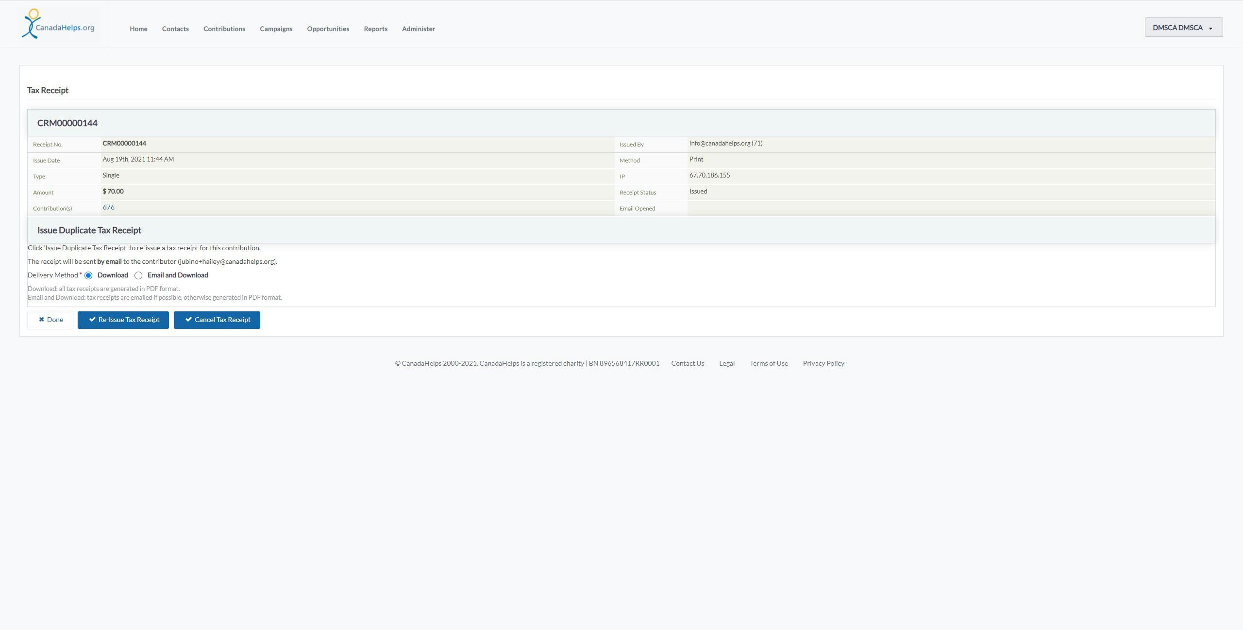 CanadaHelps Donor Management System Software - Receipt Management - easily re-issue tax receipts and email to the contributor.