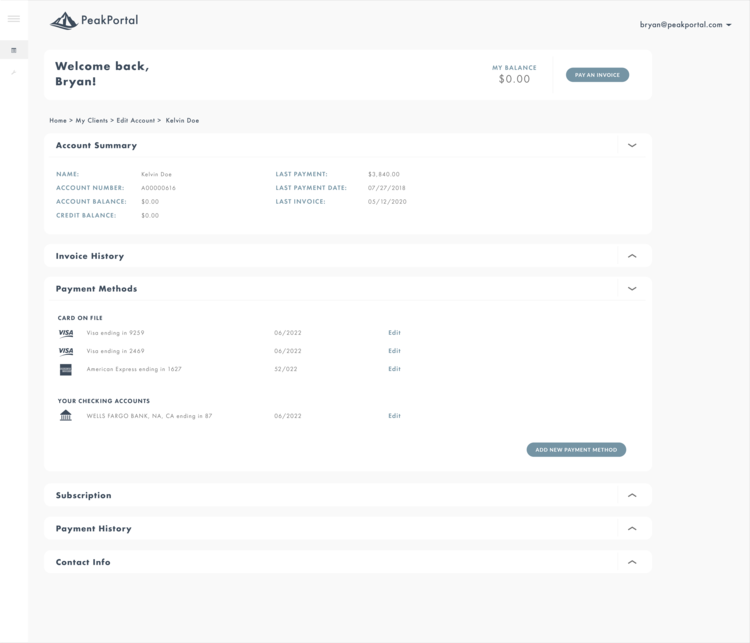 PeakCommerce screenshot: PeakPortal account summary