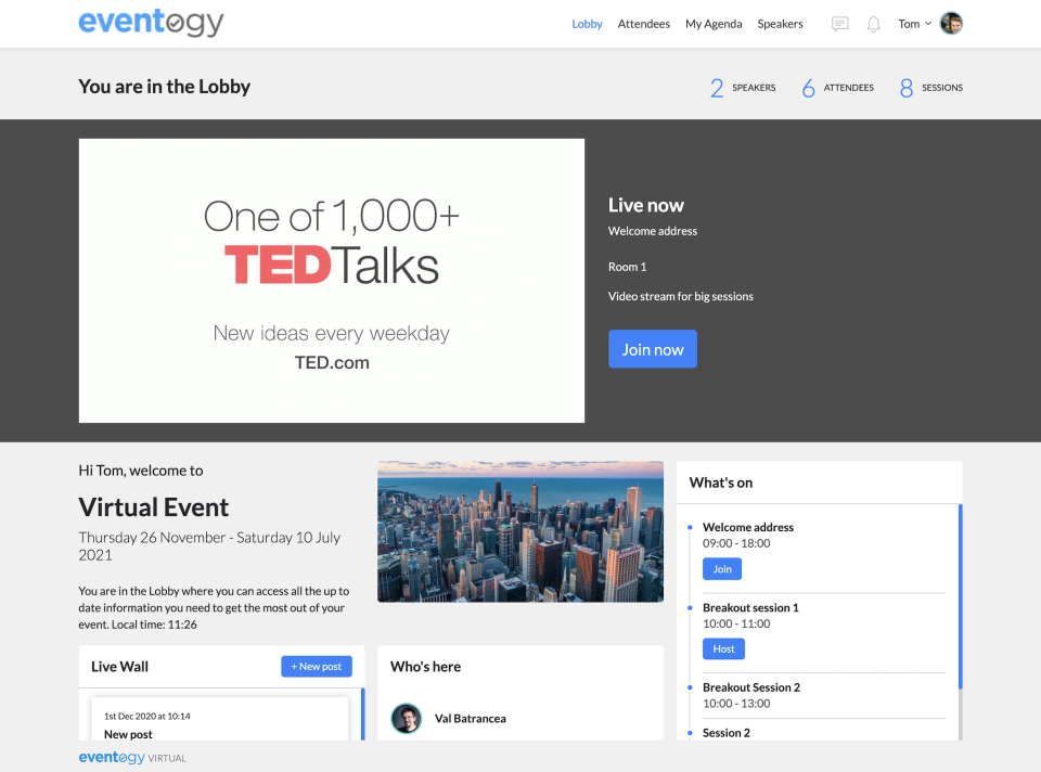 Eventogy Virtual Lobby: Create a branded, engaging virtual event. Eventogy provides the tools to personalise and elevate your virtual venue. 
