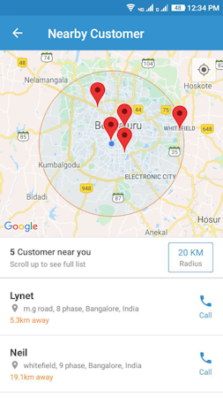 FieldEZ screenshot: View nearby customers and jobs from the mobile, along with driving directions and route