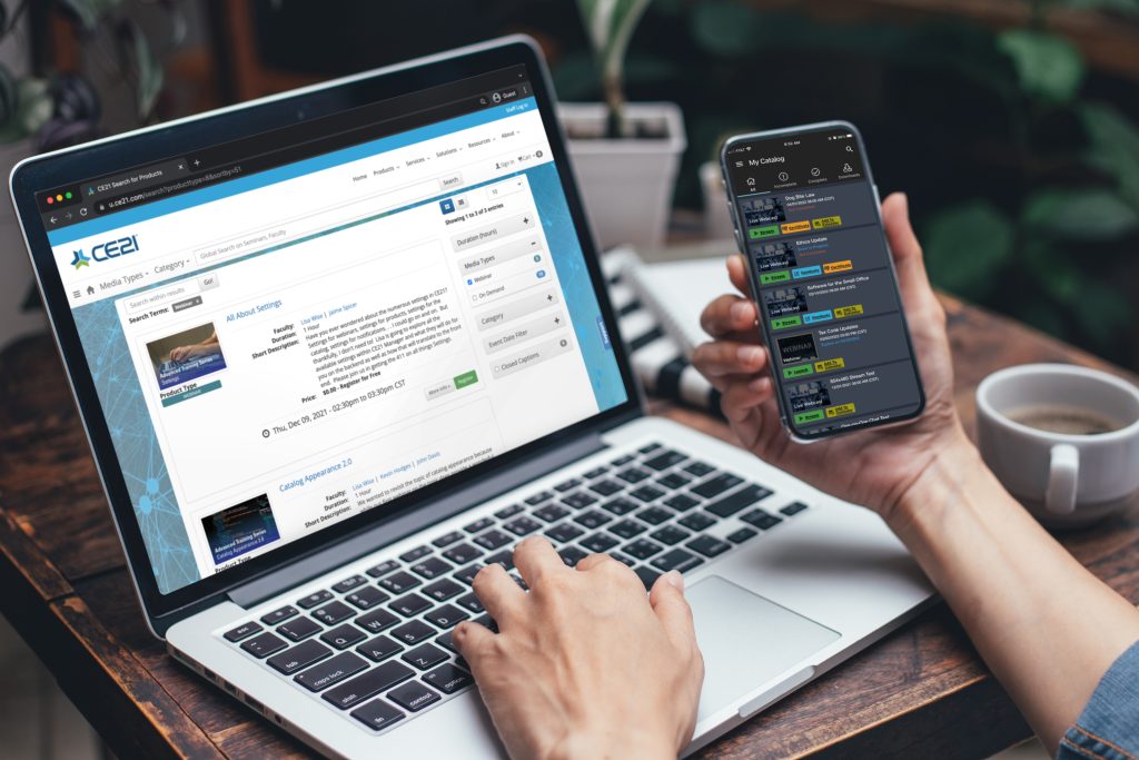 CE21 screenshot: User viewing a CE21 catalog with the CE21 Mobile App open in the other hand.