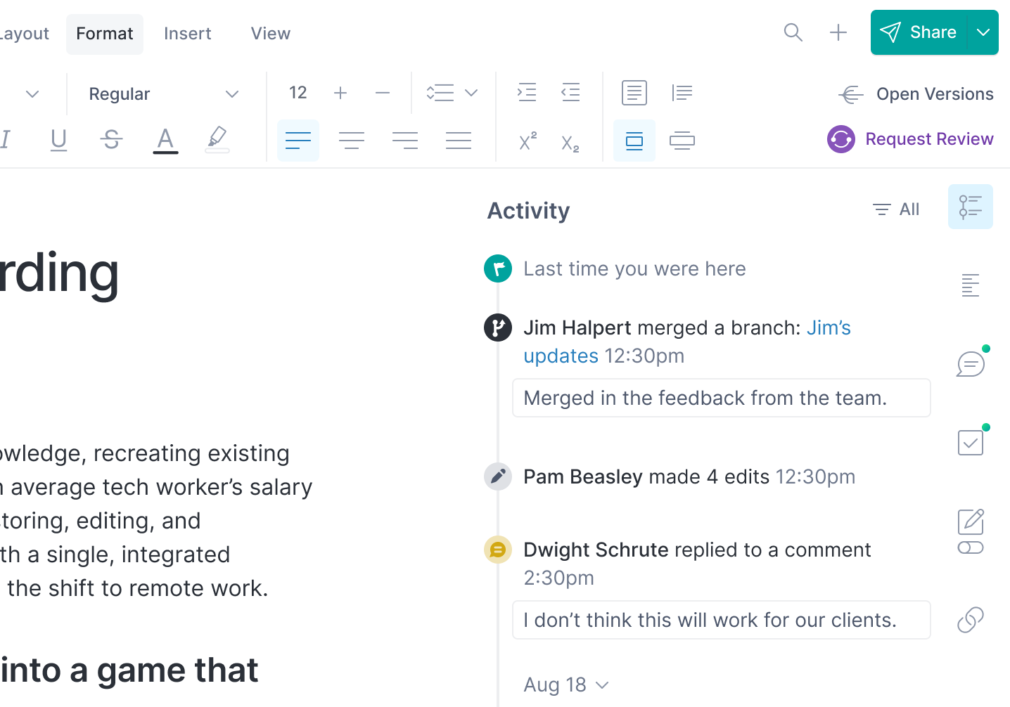See an Activity Feed of every edit, comment, branch, share, and more.