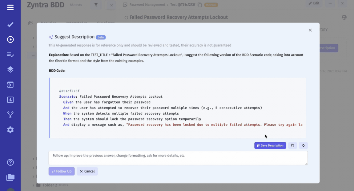 testomat.io Software - BDD is a key functionality. Its entry point — Feature File is written in the Gherkin language as Given, When, Then structured format. Supports seamless integration with Cucumber, also Playwright, Cypress, Python,  Codecept and many more BDD combinations. - thumbnail