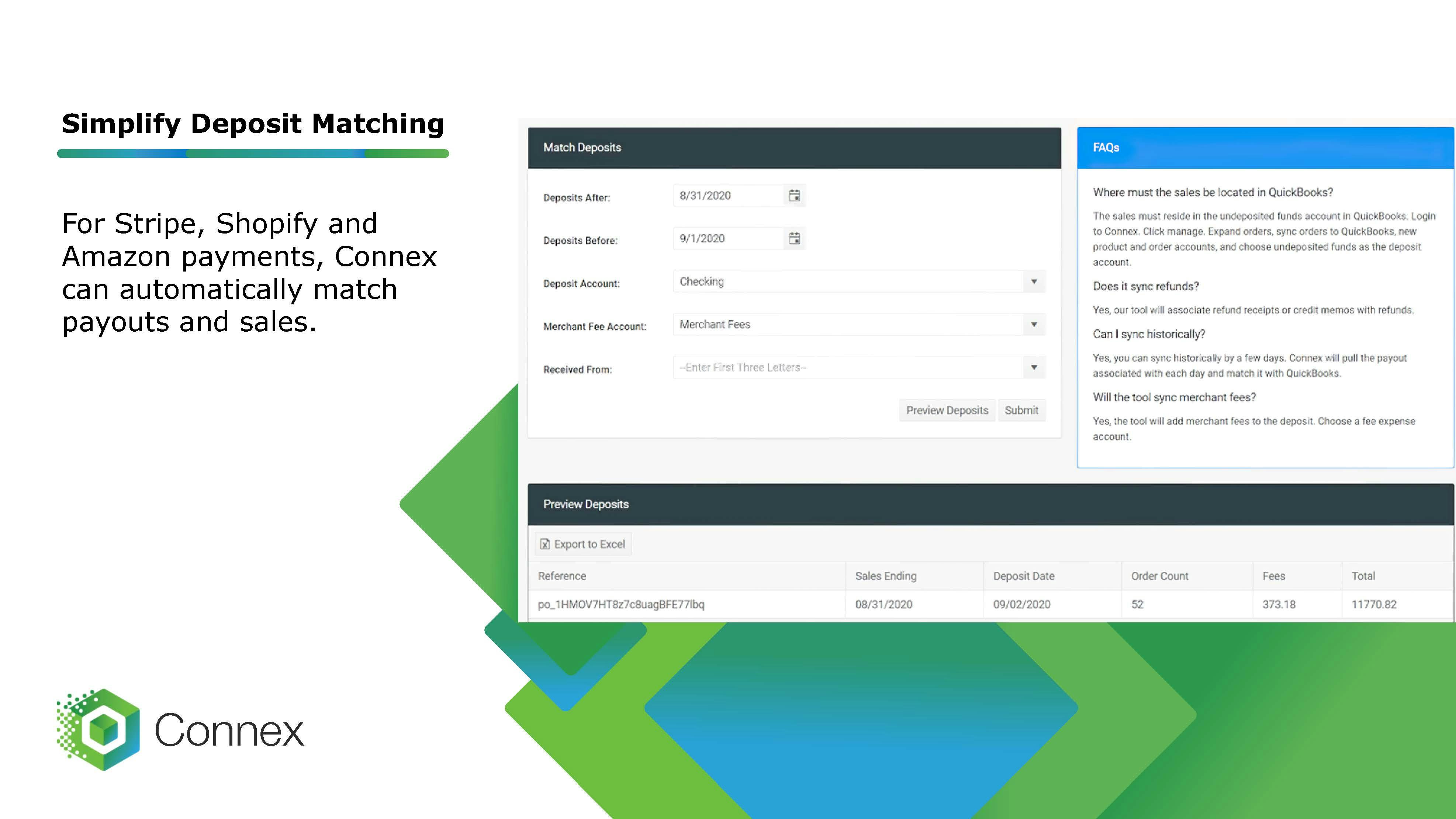 Connex For QuickBooks Software - Automate deposit matching with bank payouts