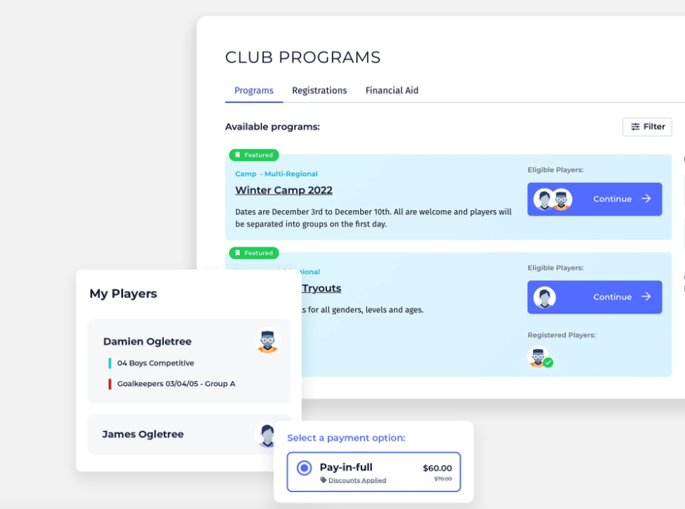 PlayMetrics screenshot: Intuitive registration designed specifically for the intricacies of youth soccer. Customize program types, enrollment filters, fee structures, and more. Be confident in a friction-free registration process for your member families with our mobile app.