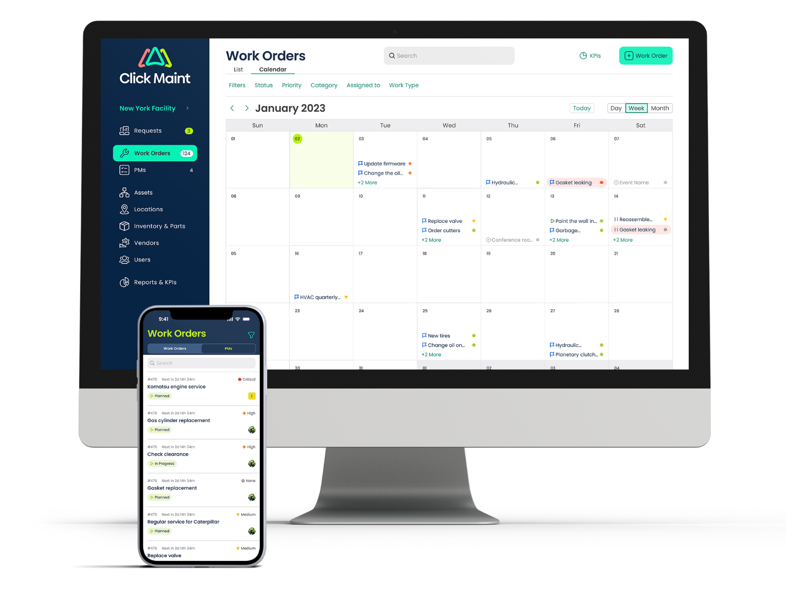 Interactive Calendar  - Users can view and manage all work orders from an easy to use calendar interface. Users can view work orders through the month or for the week.  Use the filtering to drill down.  Reschedule work using the  "Click and Drag" feature.