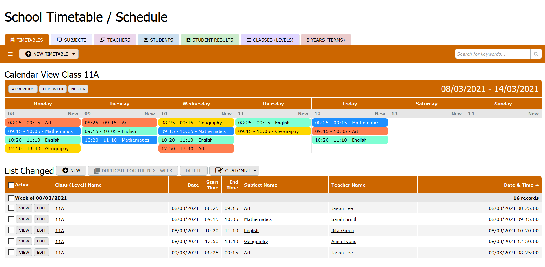 Timetable