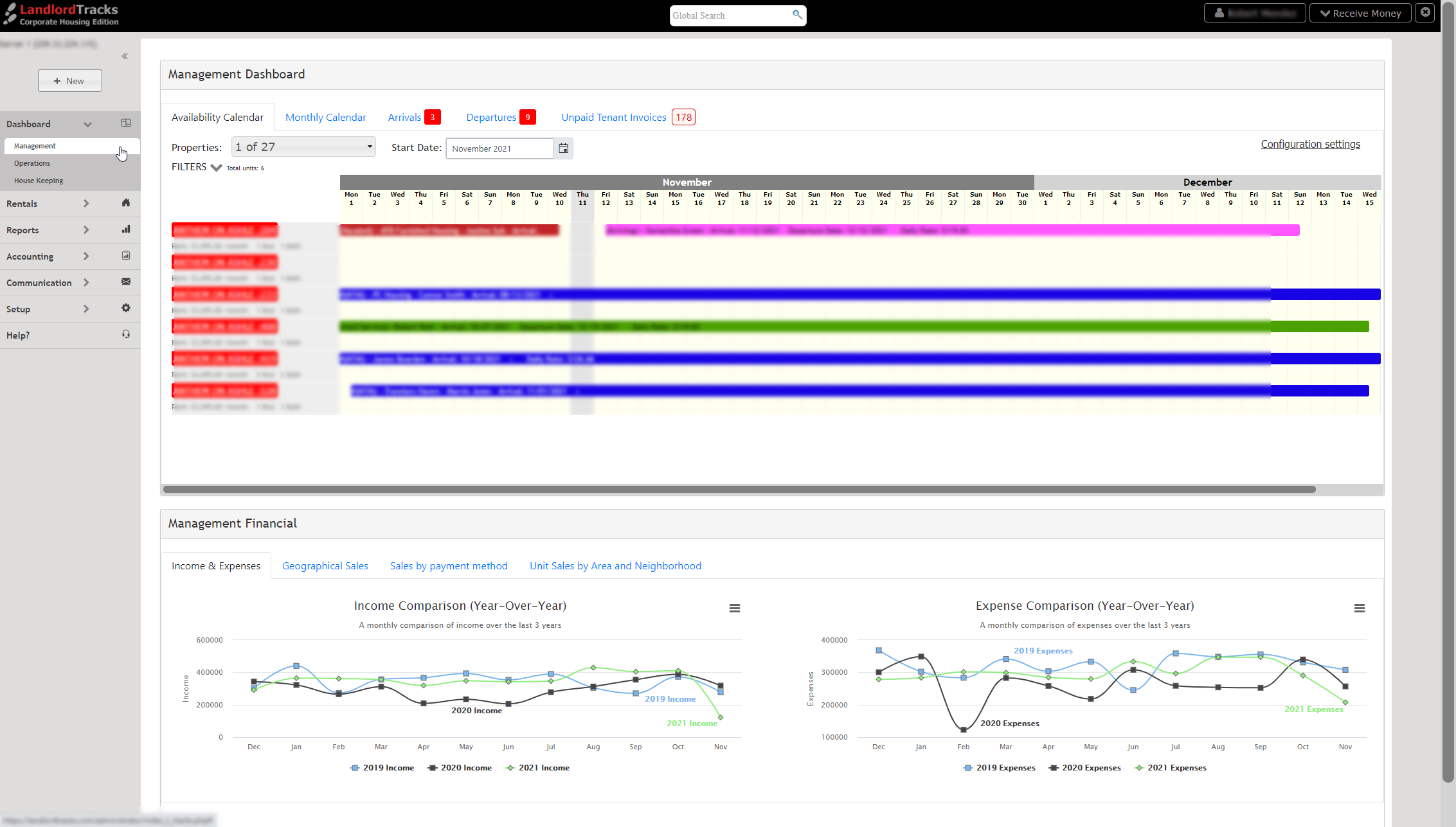 LandlordTracks screenshot: Management dashboard with interactive calendars for availability and monthly views.