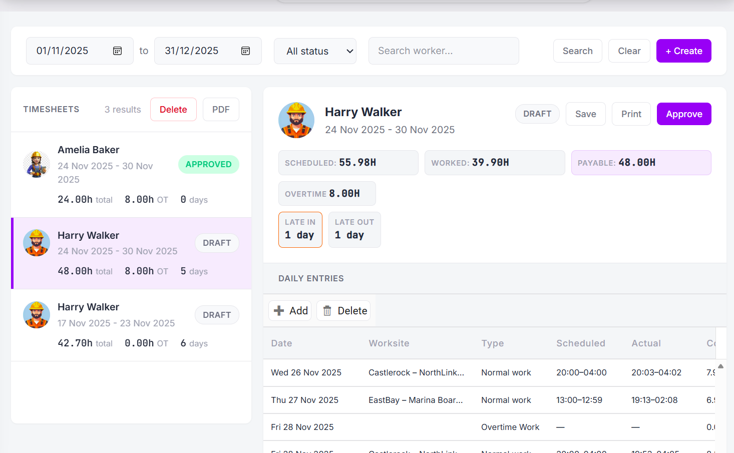 Lystra screenshot: Lystra timesheets