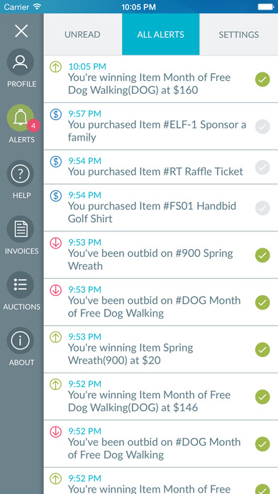 Unread alerts and a full alert history can be accessed in the Handbid mobile app