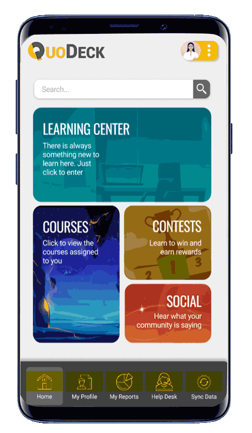 QuoDeck screenshot: Mobile view of the QuoDeck app homepage featuring four sections: Learning Center, Courses, Contests, and Social.