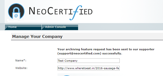NeoCertified admin console