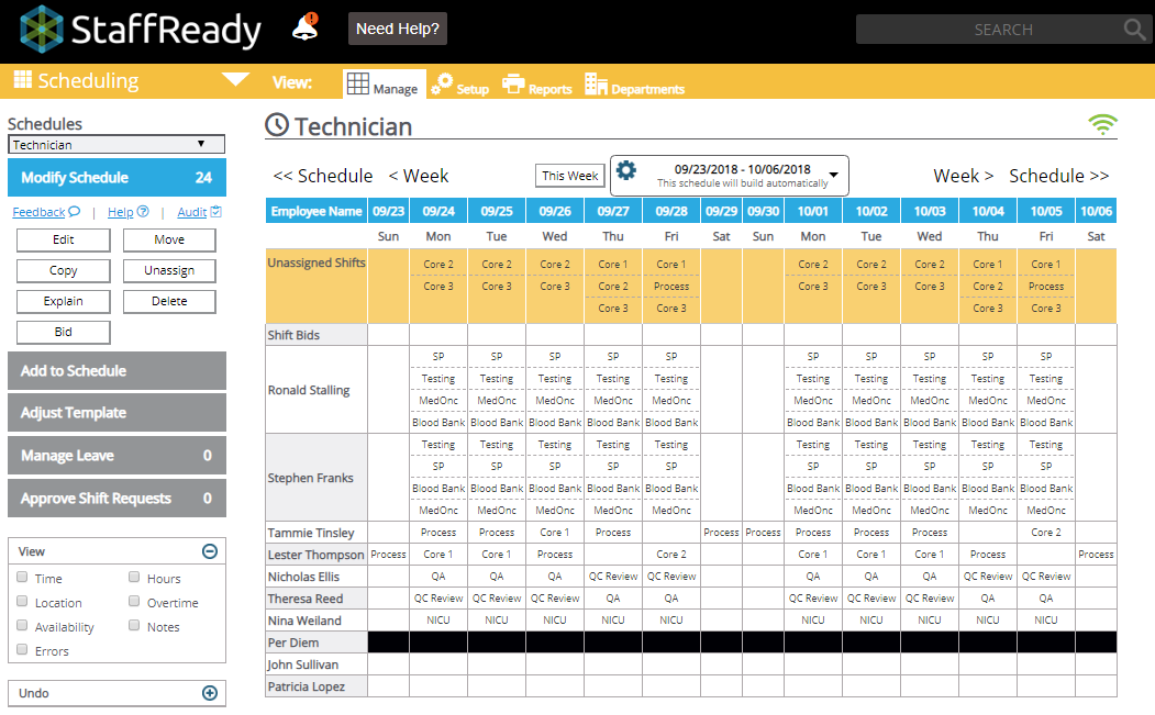 View of the StaffReady Manage Grid for a typical department.