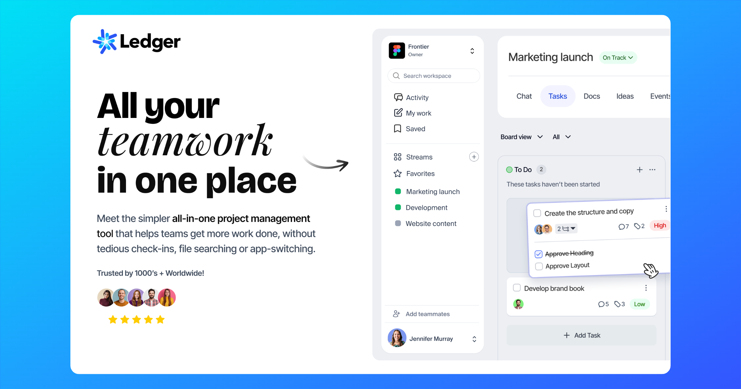 Ledger screenshot: Ledger is the one teamwork tool that replaces six, brining all your teamwork into one place — chat, tasks, docs, ideas, and events — so your team can get more done and stay engaged without bouncing between tools and overpaying on subscription costs.  