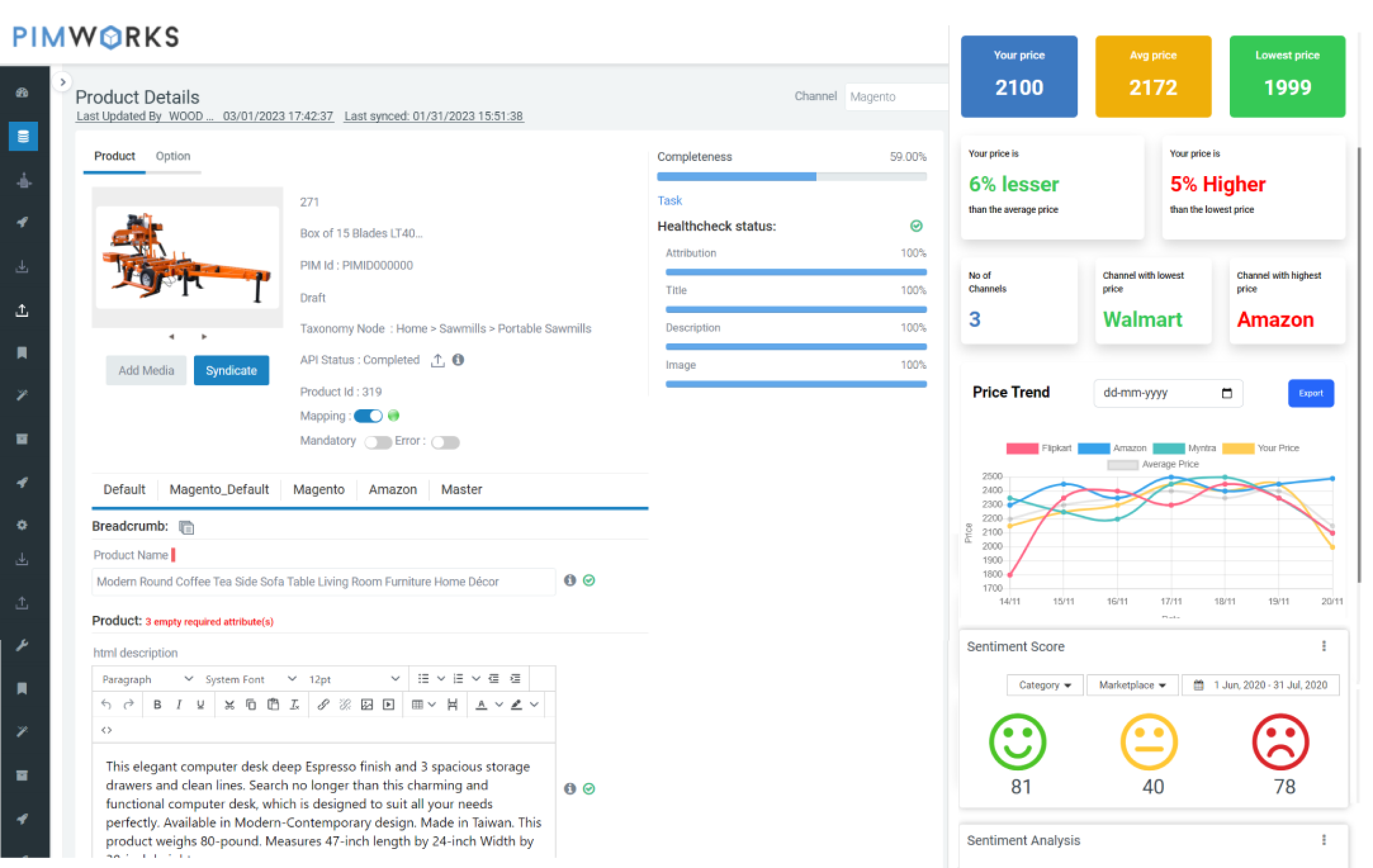 PIMworks  screenshot: Product detailed page with Dashboard