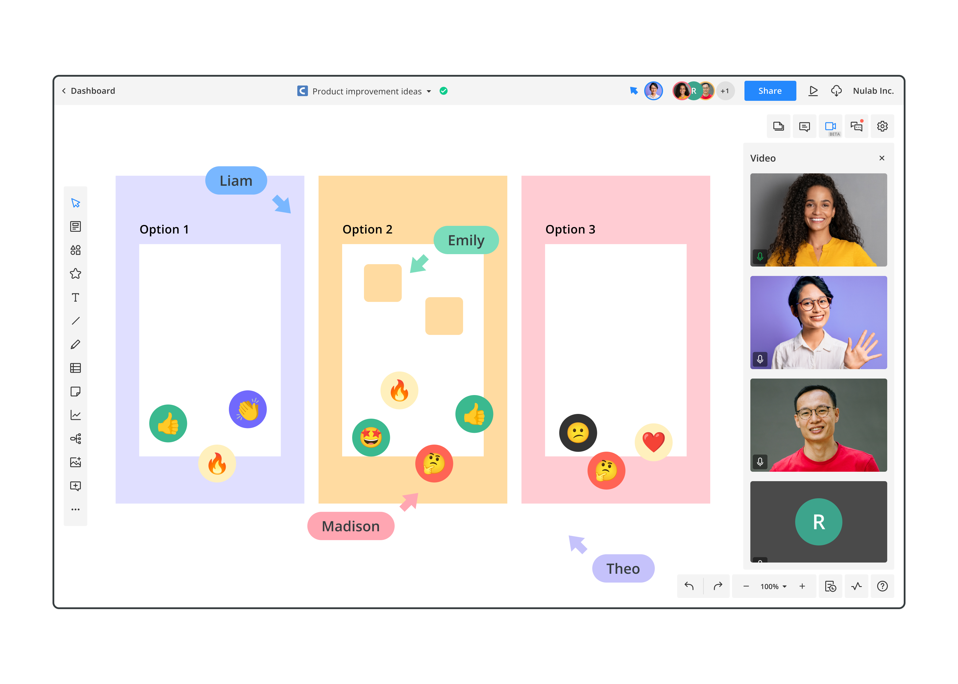 Host fun, team workshops with video chat right in Cacoo's diagramming app.