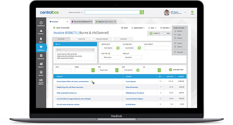 CBOS screenshot: Users can manage invoicing processes