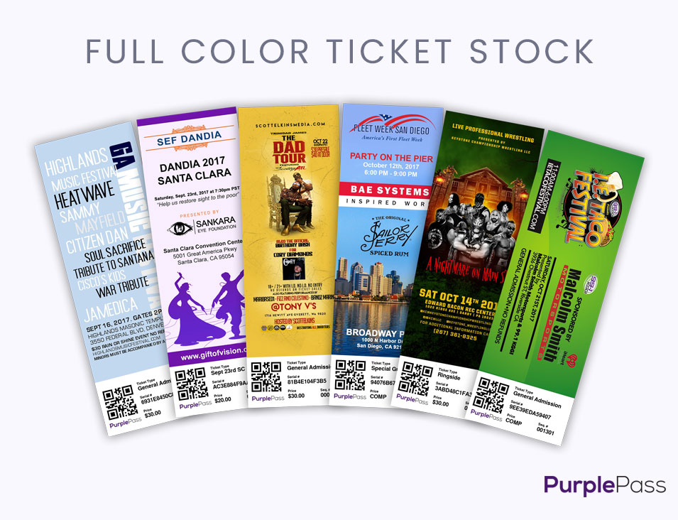 TICKET STOCK - The most beautiful full color tickets in the industry with your own custom artwork.  Includes watermarks, perforations, and QR codes.  Only $0.12/each.